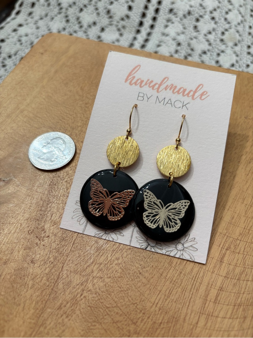 Handmade Black & Gold Butterfly Drop Earrings